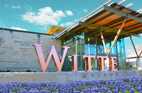 Witte Museum entrance with large Witte lettering and bluebonnets in San Antonio