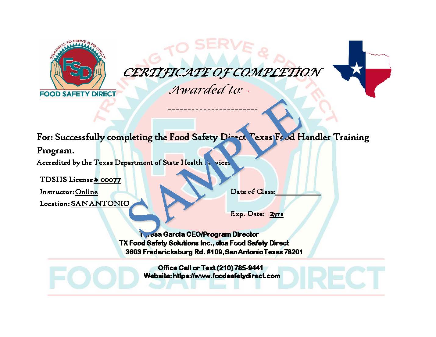 TX Food Handler Sample Certificate