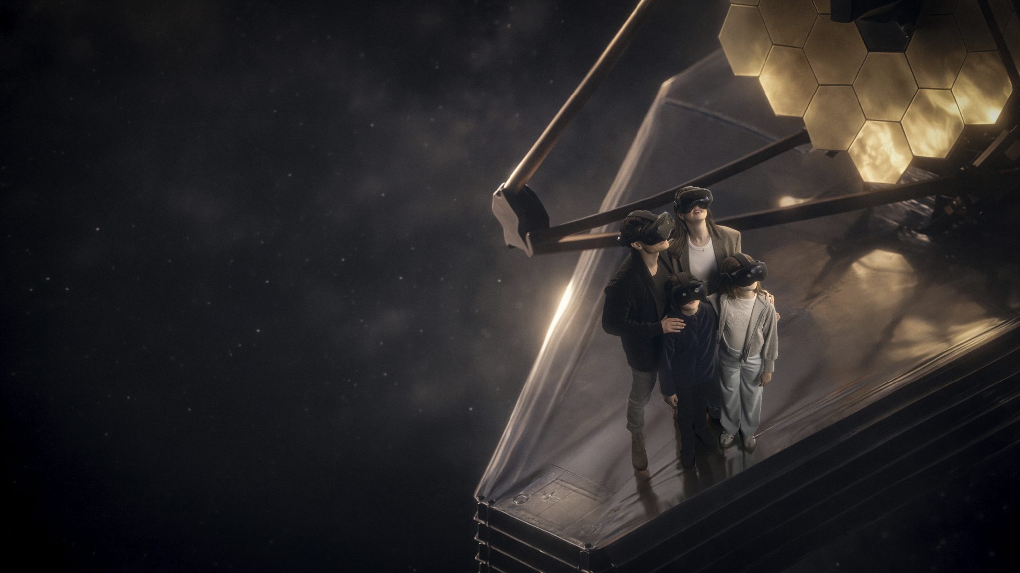 Smithsonian Starstruck promotional image showing a family wearing virtual reality headsets in a space scene