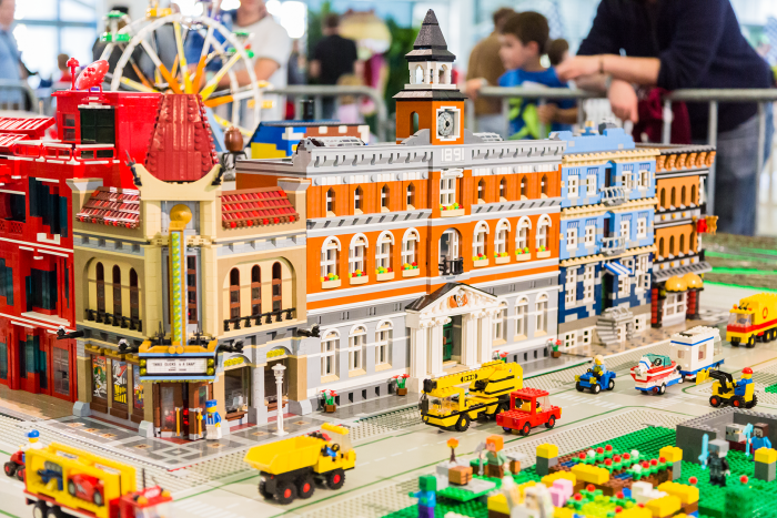 Detailed LEGO city display at Brick Convention