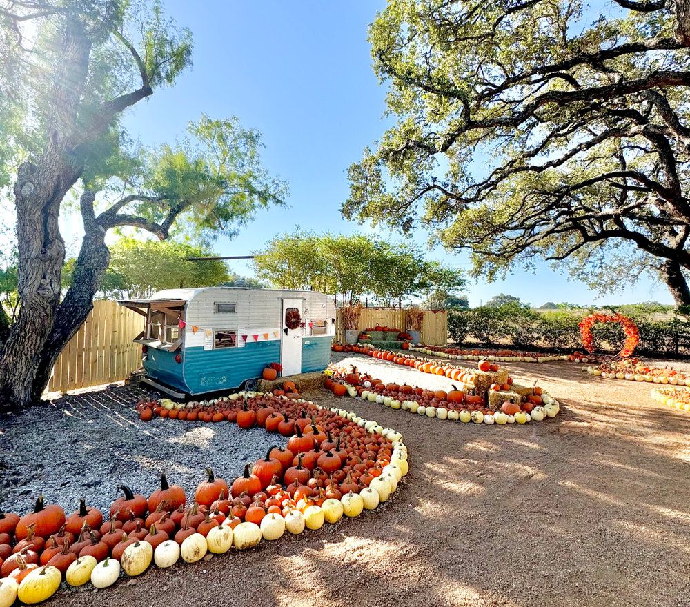 Orange and white pumpkin displays around a vintage camper at Devine Acres Farm