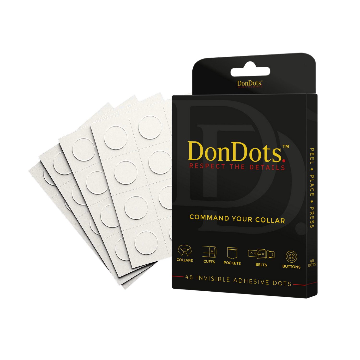 DonDots adhesive fashion dots and product packaging